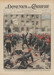 コンスタンティノープルの深刻な出来事、描かれたマケドニア軍による兵舎への攻撃？ 作： Achille Beltrame