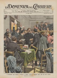 ロシアの革命家がロンドンの会議に集まり、会議室にマッシモゴルキが到着した 作： Achille Beltrame