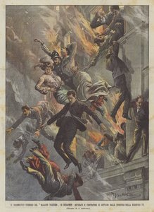 ブダペストのマガシンパリジャンの劇的な火事、店員とバイヤーは身を投げますか？ 作： Achille Beltrame