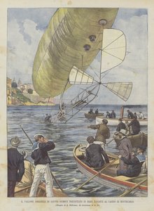 サントスデュモンの飛行船がモンテカルロカジノの前の海に墜落しました。 作： Achille Beltrame