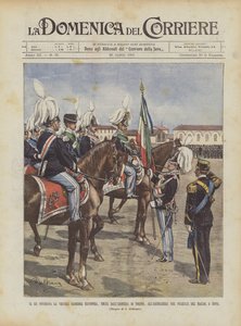 王はトリノ兵器庫から削除された古い輝かしい旗を大砲に届けますか？ 作： Achille Beltrame