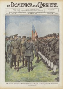 王はイタリアの額に到着した最初のアメリカ兵の壮大な兵士をレビューします