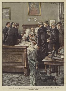 デソナ将軍は、苦しんで、飾りの付いた制服を着て、王と祖国に乾杯をします 作： Achille Beltrame