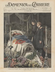 殺された王の死体の前にある新しいポルトガル王マヌエル2世とマザーアメリア女王 作： Achille Beltrame
