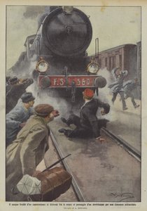 駅長の冷たい血が、通路のレールの間をまっすぐに伸びています。 作： Achille Beltrame