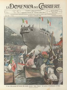 ソブリンの存在下、カステッランマーレディスタビア造船所からの偉大な戦艦ダンテアリギエーリの発射 作： Achille Beltrame