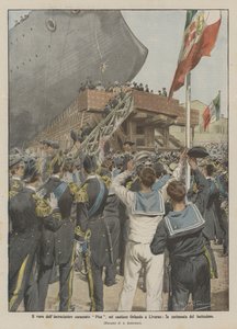 洗礼式、リボルノのオーランド造船所での装甲巡洋艦ピサの打ち上げ 作： Achille Beltrame