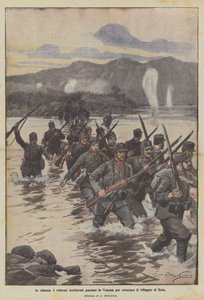 アルバニアでは、勇敢な領土がヴォジュッサを通過してクタの村を攻撃します 作： Achille Beltrame