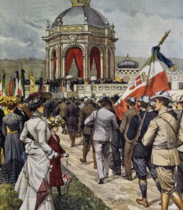 イタリア・ローマのファルネシーナ・ポリゴンで開催された第4回射撃競技会の開会式、イラスト：Achille Beltrame（La Domenica del Corriere、5月25日付 作： Achille Beltrame
