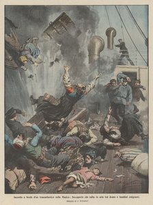 イングリッシュチャンネルの大西洋横断ライナー、女性と移民の子供の間で爆発するハッチに乗って発砲 作： Achille Beltrame