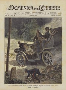 アオスタ渓谷での自動車事故、マルゲリータ女王の車が3つの石垣に衝突 作： Achille Beltrame