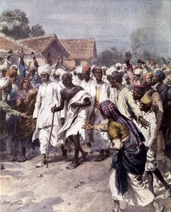 インドの政治指導者であり、精神的指導者であったモハンダス・カラムチャンド・ガンジー（1869-1948）（マハトマ）は、1930年3月12日、イギリスからのインド独立を目指して塩の行進を開始した。1930年の "La domenica del Corriere "に掲載されたAchille Beltrameのイラスト。