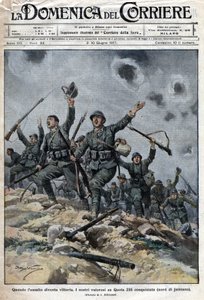 イタリア軍は、スロベニアのカルスト山脈でオーストリア・ハンガリー軍に勝利した。イタリア軍はトリエステに向けて前進した。イラストはベルトラメです。La Domenica del Corriere.06/1917. 作： Achille Beltrame