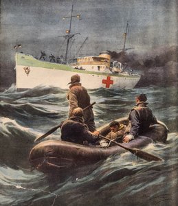 撃墜された4人のドイツ人飛行士を救出するイタリアの病院船、Achille Beltrame（1871-1945）作、2月23日付「La Domenica del Corriere」のイラスト。 作： Achille Beltrame