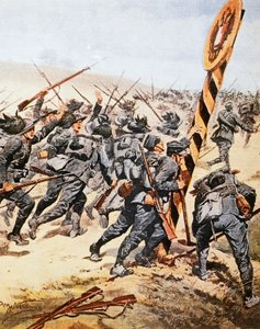 オーストリアの国境を越えるイタリア兵、Achille Beltrame（1871-1945）作、1915年6月のLa Domenica del Corriereに掲載されたイラスト。 作： Achille Beltrame