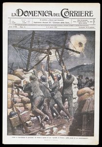 フリジアの馬を塹壕に乗せるイタリア兵たち アキレ・ベルトラーメ（1871-1945）がドメニカ・デル・コリエールに寄稿したプレート 1916年4月2日～9日 第一次世界大戦、イタリア、20世紀 作： Achille Beltrame