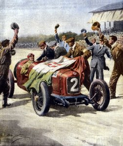 第3回ヨーロッパモーターグランプリでのイタリアの勝利：アスカリ社のメカニックがマシンに三色旗を掲げた。イラストはベルトラメです。"La Domenica del Corriere".07/1925.