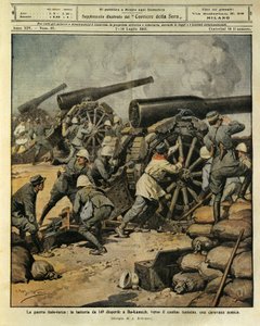 イタロ・トルコ戦争、ブ・カメックの敵キャラバンをチュニジア国境に向けて誘導する149号砲の砲撃、イラストレーターAchille Beltrame（1871-1945）、1912年7月7日のLa Domenica del Corriereより 作： Achille Beltrame