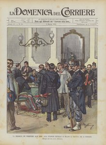 2月25日の朝にミラノ中央駅で鉄道員の武器への呼び出し 作： Achille Beltrame