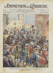 ロディの通りを横切るファンフラーを称える偉大な歴史的騎兵隊 作： Achille Beltrame
