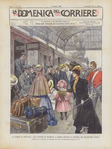 アフリカへの兵士の出発中のロンドンのウォータールー駅でのトランスバール戦争 作： Achille Beltrame