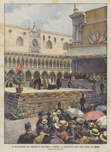 ヴェネツィアのサンマルコの鐘楼の再建、最初の石の祝福（4月25日） 作： Achille Beltrame