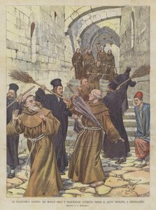 エルサレムの聖墳墓でギリシャとフランシスコ会の修道士の間の悲劇的なバルファ
