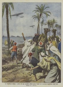 イタリアのトリポリタニア、トリポリ近郊の軍用飛行機の最初の深海間の飛行？ 作： Achille Beltrame