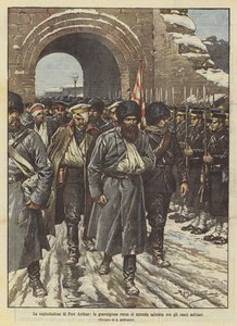 ロシアの駐屯軍降伏軍、ポートアーサーの降伏、軍の栄誉で挨拶 作： Achille Beltrame