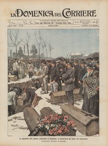 クーリエール炭鉱の大災害、墓地の棺桶の祝福 作： Achille Beltrame