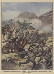 騎馬砲であるトリポリタニアのジェフレン山岳地帯の征服？ 作： Achille Beltrame