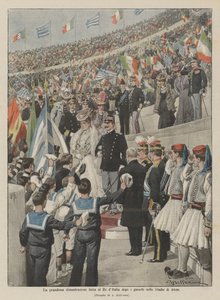 アテネスタジアムでの試合後にイタリア国王に行われた素晴らしいデモ 作： Achille Beltrame
