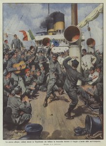 陽気な戦争、旅行中にタランテラを踊るトリポリタニアに向かう兵士たち？ 作： Achille Beltrame