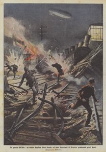 上からの戦争、私たちの飛行船の1つはディバッキアの鉄道のジャンクションに爆弾を投げ、深刻な被害を引き起こしています 作： Achille Beltrame