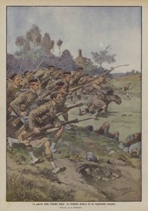 ベルギーのフランダースでの戦争、スコットランド連隊による見事な攻撃 作： Achille Beltrame