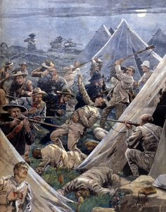 南アフリカで起きたイギリス人とボーア人との間のボーア戦争（トランスバール戦争）で、ボーア人がTweenfonteinのイギリス軍キャンプを攻撃した。イラスト：ベルトラメLa Domenica del corriere.1902. 作： Achille Beltrame
