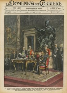 国会議事堂で、オラジとキュリアージのホールでのイタリアのアカデミーの荘厳な最初のセッション 作： Achille Beltrame