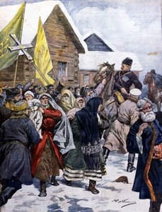 ロシアの迷信：警察が新教徒の一派を解散させようとしている。イラスト：ベルトラメLa Domenica del corriere.1901.