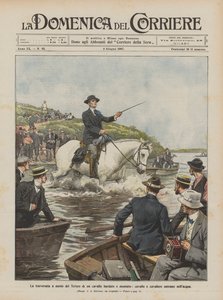 ハーネスとマウントされた馬、馬とライダーのティバーの水泳の交差点が水に入る 作： Achille Beltrame