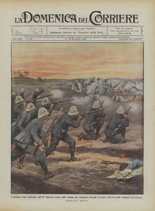 アラブ人の大群を追跡するために塹壕を出た84歩兵のラウダシア砂丘パトロール？ 作： Achille Beltrame