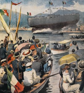 ラ・スペツィアのアルセナーレからの戦艦アンドレア・ドーリアの進水、Achille Beltrame（1871-1945）のパネル、ラ・ドメニカ・デル・コリエレ、4月6日 作： Achille Beltrame