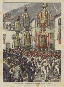 伝統的で特徴的なフェスティバル、グッビオのチェリの行列 作： Achille Beltrame