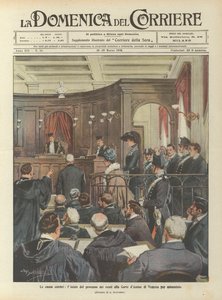 有名な事件、殺人のためのヴェネツィアのアスサイズ裁判所でのロシア人の裁判の始まり 作： Achille Beltrame