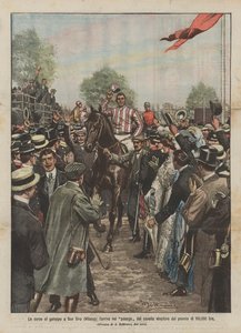 サン・シーロ（ミラノ）での疾走レース、ペザージでの10万リール馬の到着 作： Achille Beltrame