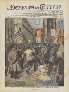 ミラノの総選挙、先週の日曜日のポスター、ヴィットーリオエマヌエーレガレリアでの闘争 作： Achille Beltrame