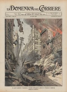 大災害、地震、火事でカリフォルニアのサンフランシスコの街が破壊された 作： Achille Beltrame