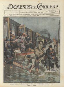 フランスの大洪水、旅行者は列車に当たって救助され、水路で逮捕された 作： Achille Beltrame