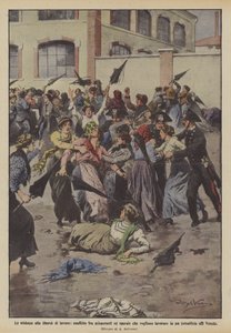 労働の自由に対する暴力、ストライカーと働きたい労働者の間の対立？ 作： Achille Beltrame