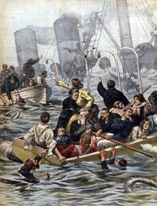 海のドラマ：クロンダイクの金鉱探しの人々を乗せた蒸気船ワラワラ号の沈没。イラスト：ベルトラメLa Domenica del corriere.1902 作： Achille Beltrame