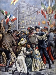パリのイタリアの支配者たち：街角での大衆的な舞踏会。イラスト：ベルトラメLa Domenica del corriere.1903.